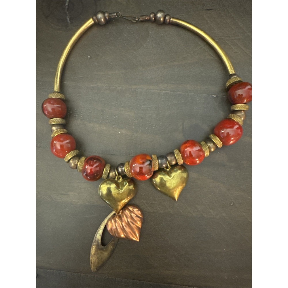 Vintage Artisan Mixed Metal Heart Charm Torque Necklace Brass Copper Orange Bead